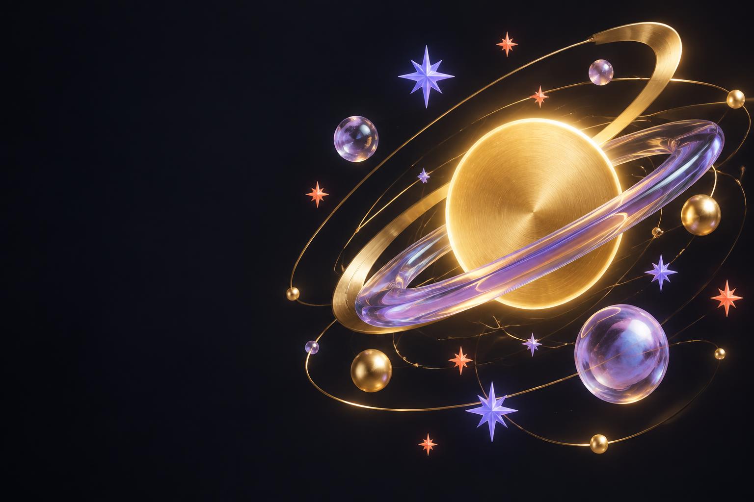 Abstract golden planet with colorful celestial rings